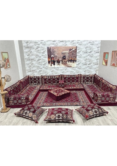 Coton Şark Köşesi Otantik Desenli Lüks Minder Takımı Konsept 19 Parça Bordo Bordo