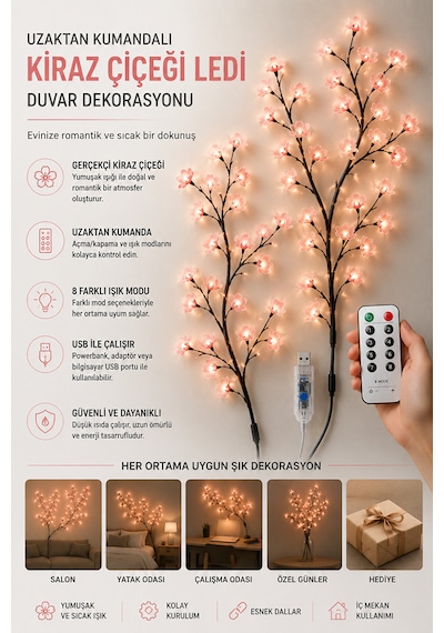Uzaktan Kumandalı Kiraz Çiçeği Led Duvar Dekorasyonu Usb Girişli Dekoratif Işık Çok Renkli Rgb