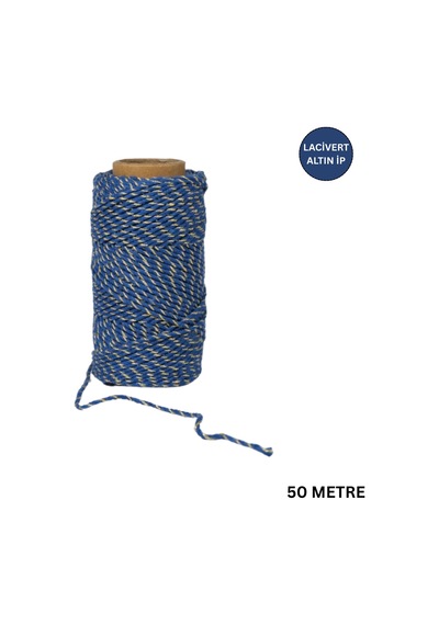 Roco Paper Lacivert Altın Renkli Dekoratif İp, Hediye Paketleme, Ramazan Süsleme Ve El İşi Malzemesi, 50m - 2mm