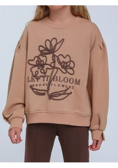 Kız Çocuk Çiçek Nakışlı Sweatshirt-14248 Kahverengi