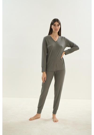 Sevim Kadın Uzun Kol Kaşkorse Haki Pijama Takım C8t7n1o61 001