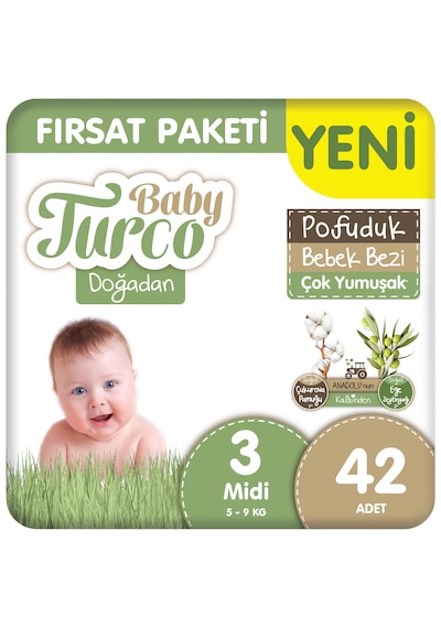 Baby Turco Doğadan Fırsat Paketi Pofuduk Bebek Bezi 3 Numara Midi 42 Adet
