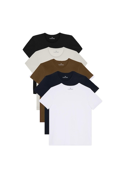 Tudors Unisex 5'li Paket Siyah-beyaz-taş-lacivert-haki Slim Fit Dar Kesim %100 Pamuk Bisiklet Yaka Tişört-36947 Multi