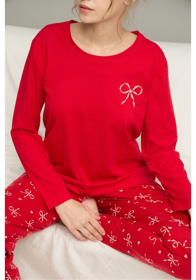 Siyah İnci Pamuklu Bisiklet Yaka Örme Pijama Takım25241155 Kırmızı