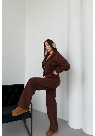 Mezka Kadın Çift Fermuar Detaylı Kapüşonlu Kışlık Şardonlu Oversize Eşofman Takımı Kahverengi