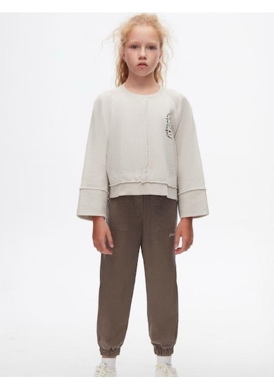 Kız Çocuk Pamuklu İki İplik Salaş Sweatshirt-14719 Gri
