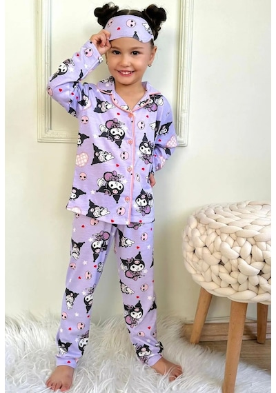 Lillypicca Kedi Desenli Pamuklu Önden Düğmeli Göz Bantlı Uzun Kol Pijama Takımı 9038 Lila
