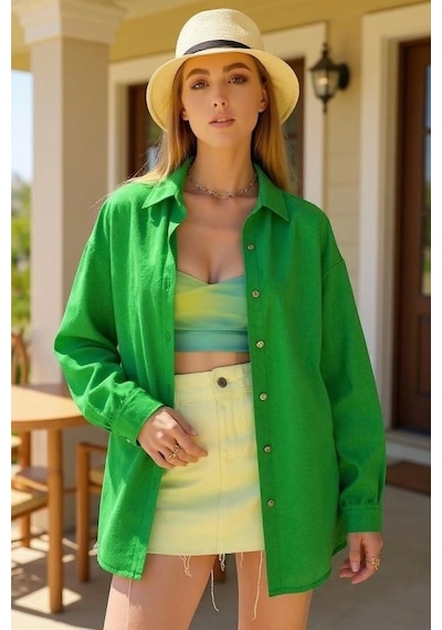 Defymoda Kadın Uzun Kollu Oversize Gömlek Yeşil