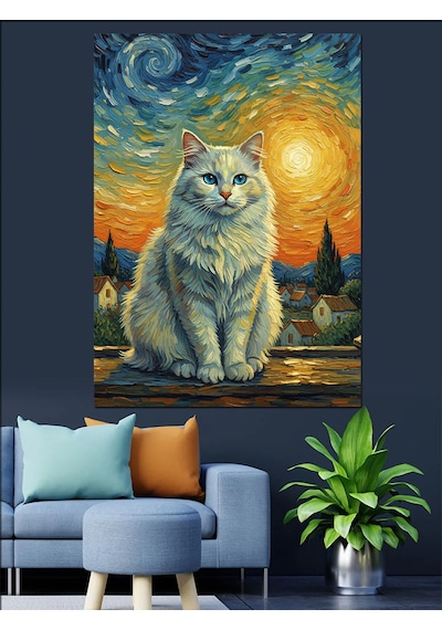 Karizma Tablo Van Gogh Stili Beyaz Kedi Dekoratif Kanvas - Mdf Ahşap Tablo