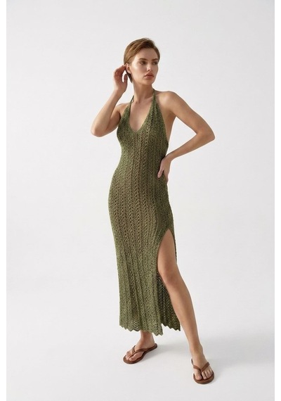 Neden Tekstil Beachwear Boyundan Bağlamalı Ajurlu Triko Plaj Elbisesi - Haki