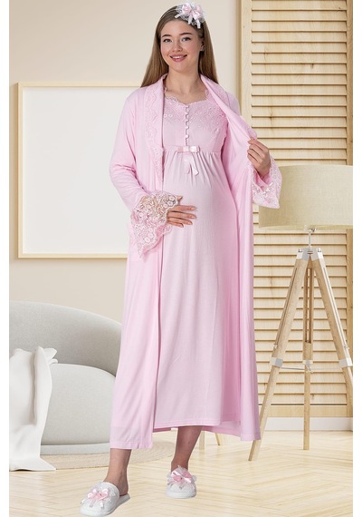 Mecit Pijama Mecit 5417 Pembe Uzun Sabahlıklı Lohusa Gecelik Takımı