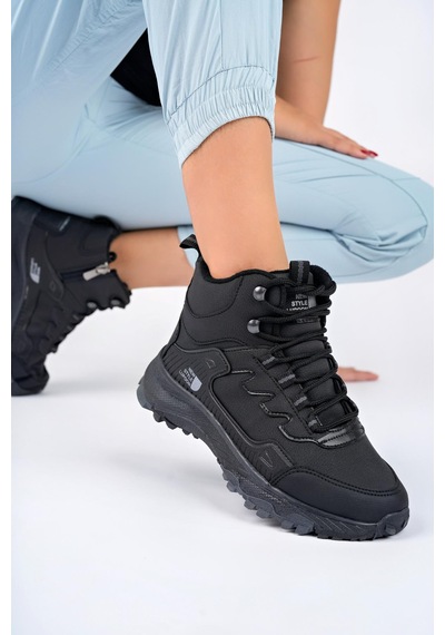 Muggo Alaska Unisex Garantili Trekking Outdoor Bağcıklı Yandan Fermuarlı Kışlık Bot Siyah -siyah