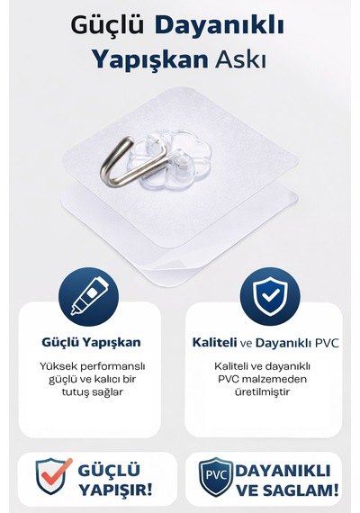 5'li Şeffaf Nano Yapışkanlı Kanca Güçlü Duvar Askısı Banyo Mutfak Kapı Askılık Seti 6 Cm Diğer