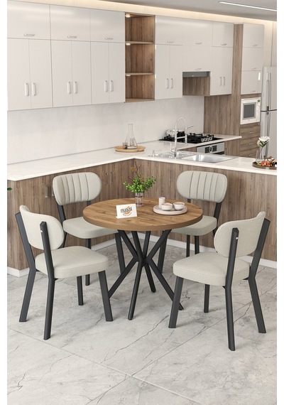 Gnr 90cm Sabit Atlantik Mutfak Masası Takımı, Yemek Masası, 4 Modern Krem Sandalye Krem