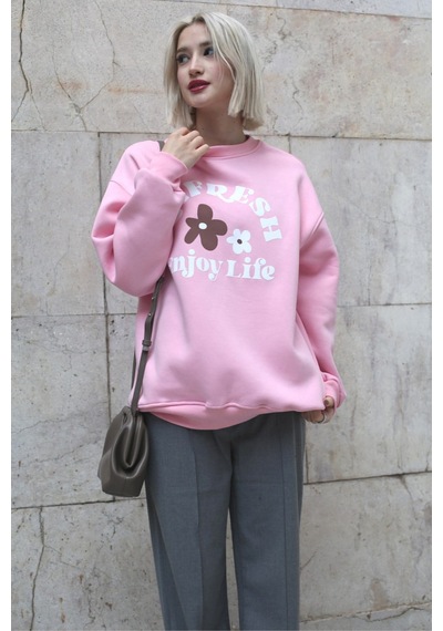 Pembe Bisiklet Yaka Baskılı Sweatshirt Mg1572