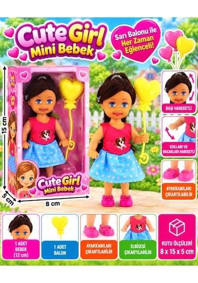 Cute Girl Sarı Balonlu Kumral Mini Bebek Nhr
