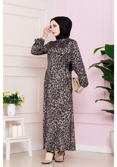 Yanı Bağcıklı Leopar Desenli Tesettür Abiye-vizon-4681