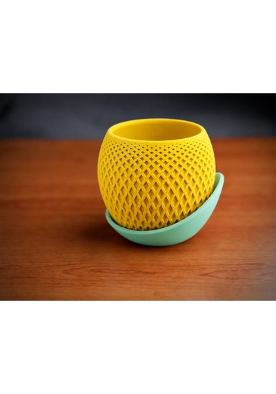 3d Baskı Küre Saksı - Kafes Dokulu İki Parçalı Dekoratif Saksı - Sarı-mint Çok Renkli
