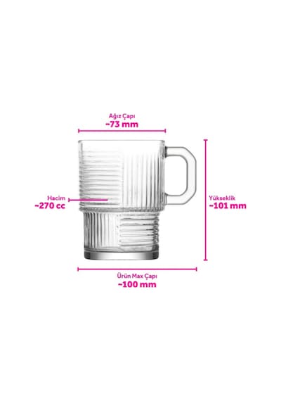 Lav Helen Cam Kupa 6 Kişilik 270 ml Kulplu (Kahve/Çay Bardağı)