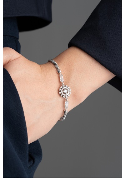 Çekirdekjewelry 925 Ayar Gümüş Zirkon Taşlı Şık Kadın Bileklik Ayarlanabilir Zarif Tasarım Gri