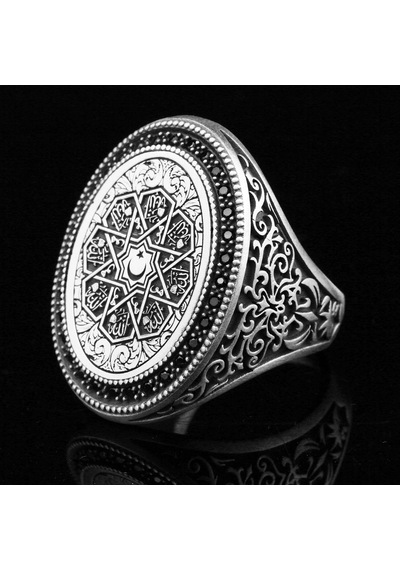 925 Ayar Gümüş Ay Yıldız Motifli Allah Lafzı Yazılı Erkek Yüzük Silver
