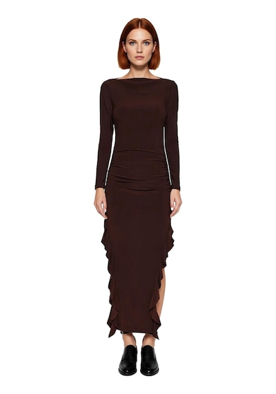 Ersefa Kadın Uzun Kollu Kayık Yaka Eteği Fırfırlı Bodycon Maxi Elbise Mo Kahverengi