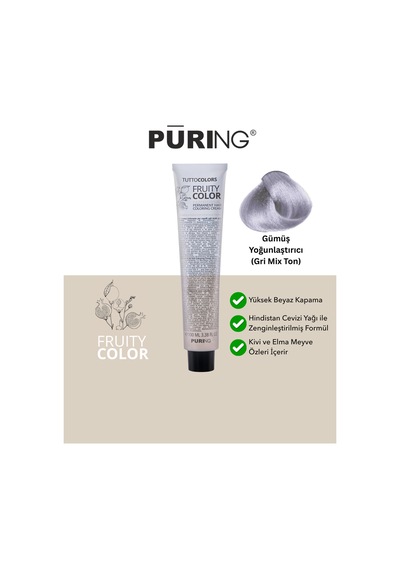 Puring Fruity Color Meyve Asitli Profesyonel Krem Saç Boyası 100ml - Gümüş Yoğunlaştırıcı Gri Mix Ton
