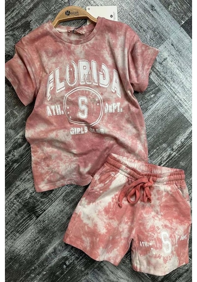 Riccotarz Kız Çocuk Florida Yazı Baskılı Penye T-shirt Pudra Şortlu Takım Pudra