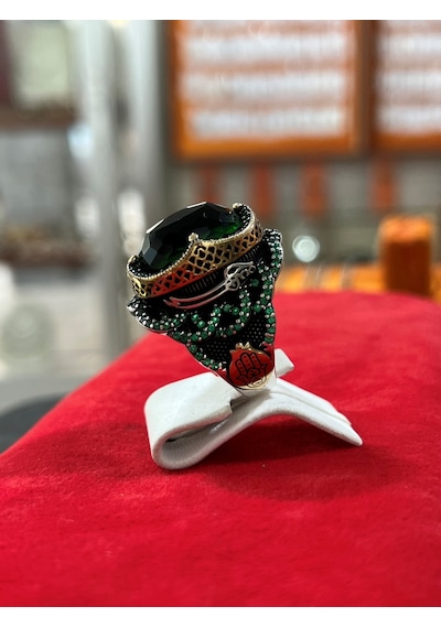 Firuze Gümüş Oval Model Kılıçlı Yeşil Taşlı Yöresel Otantik Gümüş
