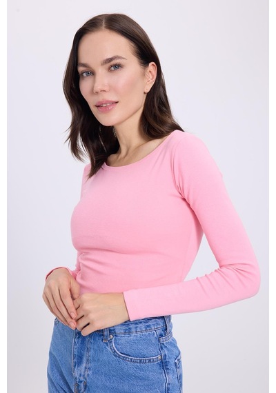 Tudors Kadın Slim Fit Dar Kesim Pamuklu Modal Kumaş Uzun Kollu Kayık Yaka Pembe Bluz-38883 Pembe