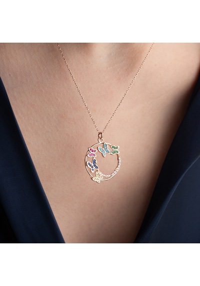Vaoov 925 Ayar Gümüş Renkli Taşlı Rose Kelebek Kolye Rose