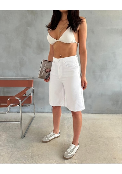 White Denim Bermuda Şort Beyaz