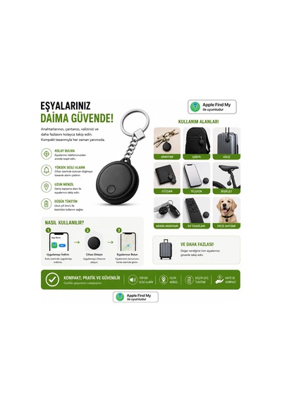 Tr Akıllı Takip Cihazı Apple Find My İle Uyumlu, Anahtarlık Tasarımlı, Siyah, İos Destekli Bluetooth Tag