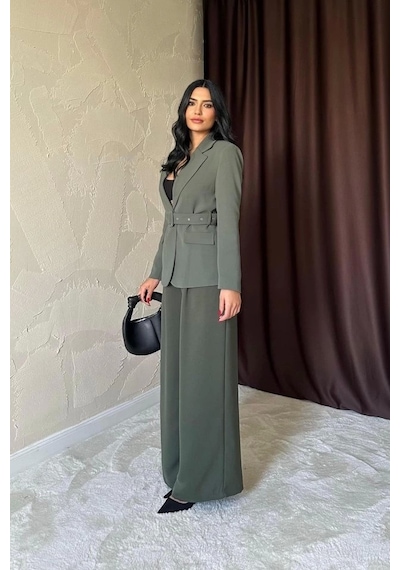 Haki Cep Kapaklı Ve Kemerli Ceket Haki
