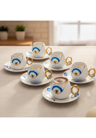 Evil Eye Nazar Boncuğu Desenli 6 Kişilik Porselen Kahve Fincan Takımı Beyaz