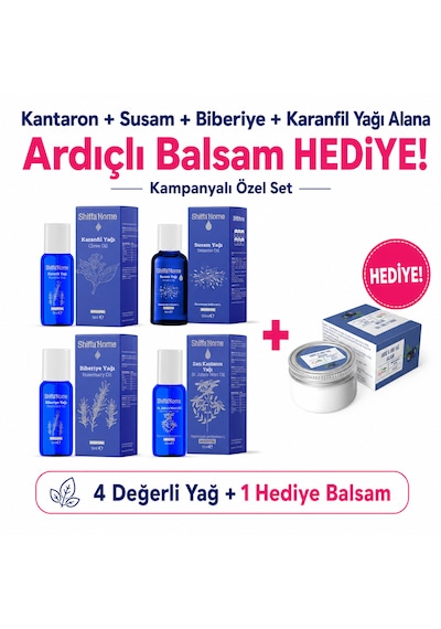 Shiffa Home Kantaron+susam+biberiye+karanfil Yağı Alana Ardıçlı Balsam Hediye Masaj Bakım Seti