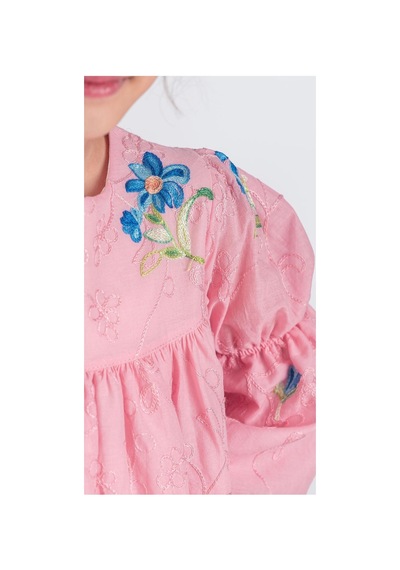 Mnk Baby & Kids Otantik Akdeniz Çiçek Nakışkız Çocuk Müslin Elbise M00706 Pembe