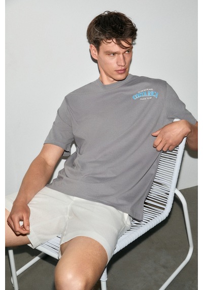 Grımelange Farıd Erkek %100 Organik Pamuklu Baskı Detaylı Yuvarlak Yaka Regular Fit Gri T-shirt
