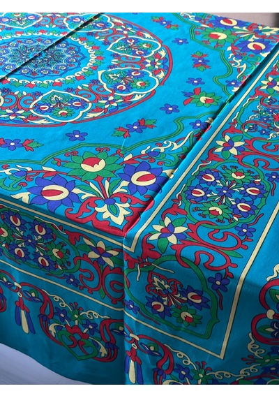 Kolay Temizlenebilir Renkli Cıvıl Cıvıl Desenli Masa Örtüsü 170x170 Cm Turkuaz