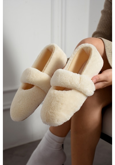 Nmoda Ultra Yumuşak Peluş Kadın Ev Babeti Ses Yapmaz Hafif Taban Panduf Ekru