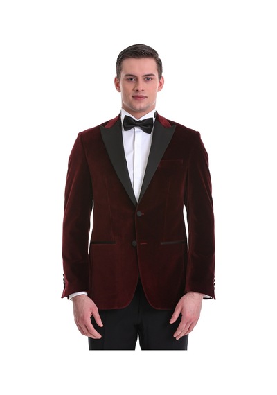 Hatemoğlu Bordo Slim Fit Düz Sivri Yaka Kadife Klasik Smokin Damatlık 3312 Bordo