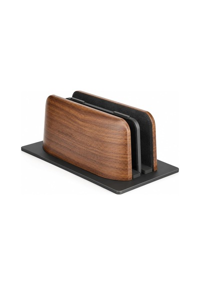 Ahşap Dikey Laptop Standı, Çift Yuvalı 2 Cihazlık Macbook Ve Notebook Tutucu, Masaüstü Organizer, Kaymaz Tabanlı Ahşap Metal Bilgisayar Standı Kahverengi