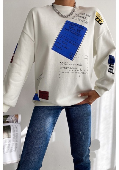Femelle Kadın Beyaz Düşük Omuz 3 İplik Şardonlu Oversize Pamuk Sweatshirt