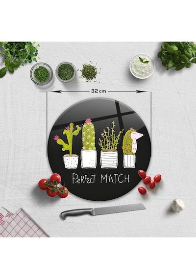 Decorita Cam Kesme Tahtası | Perfect Match-Siyah Fon | Çap32cm