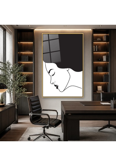 Minimal Kadın Silüeti Gold Çerçeveli Cam Tablo