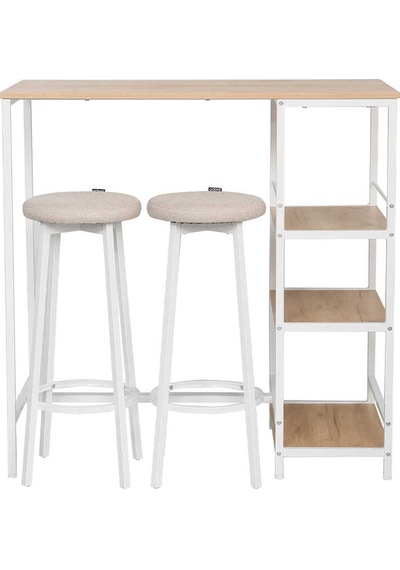 Step-up 2 Tabureli Yüksek Ayaklı Raflı Mutfak Masa Takımı - Beyaz 100x50x100 Ceviz