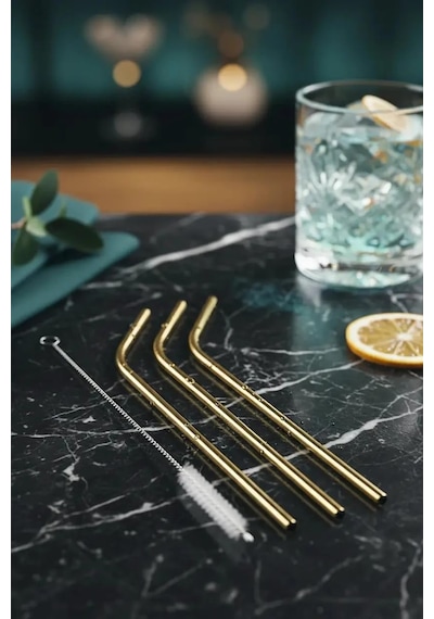 Miniso Lisanslı 3'lü Metal Pipet Seti 304 Paslanmaz Çelik Temizleme Fırçalı