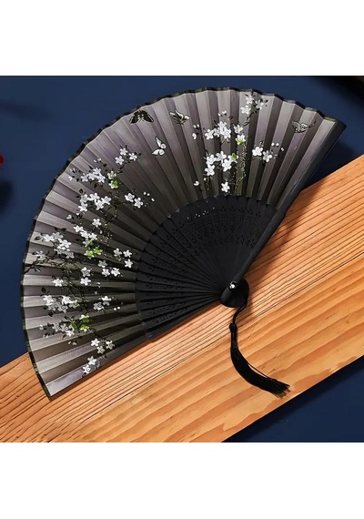 Beluga Yelpaze Bambu Kumaş Serinletici Vintage Siyah Bahar Dalı Kelebekli Şık Dekorasyon Püsküllü Japon Yelpaze 0143
