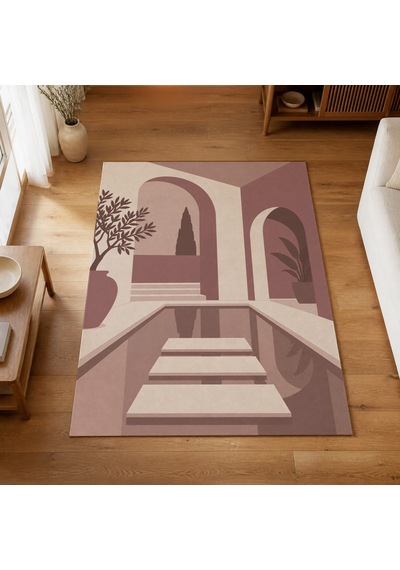 Kartela Halı Avlu Mimari Desenli Modern Halı Gül Kurusu Kaymaz Taban Makinede Yıkanabilir 100x150 Cm