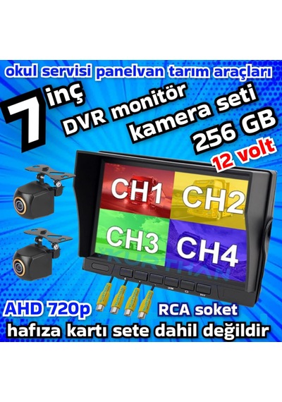 2 Adet Ahd 720p 170 Derece Balık Gözü Lens Kamera 7 İnç Ips Qled 256 Gb Dvr Monitör 12 Volt